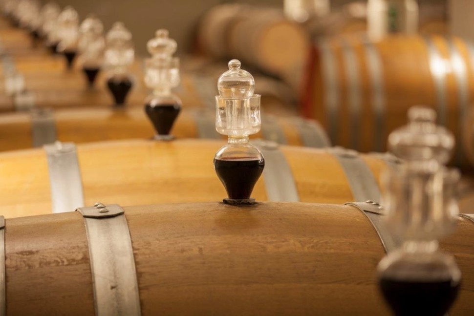 red wine ageing in a barrel 