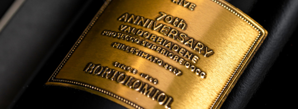 bortolomiol's bottle of valdobbiadene superiore docg for 70 th anniversary